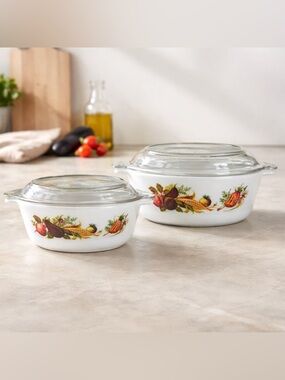 Vintage JAJ Pyrex England Covered Casserole Dish Set “Harvest Vegetables”